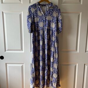 Next Blue and Green Floral Short Sleeve Button Down Midi Length Dress